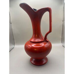 Vintage Royal Haeger USA Red Ceramic Ewer Vase With Handle & Glossy Black Interi